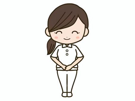 笑顔で手を添えてかしこまる看護師の女性 お辞儀,女性,看護師,人物,挨拶,笑顔,お願い,よろしくお願いします,丁寧,礼儀正しいのイラスト素材