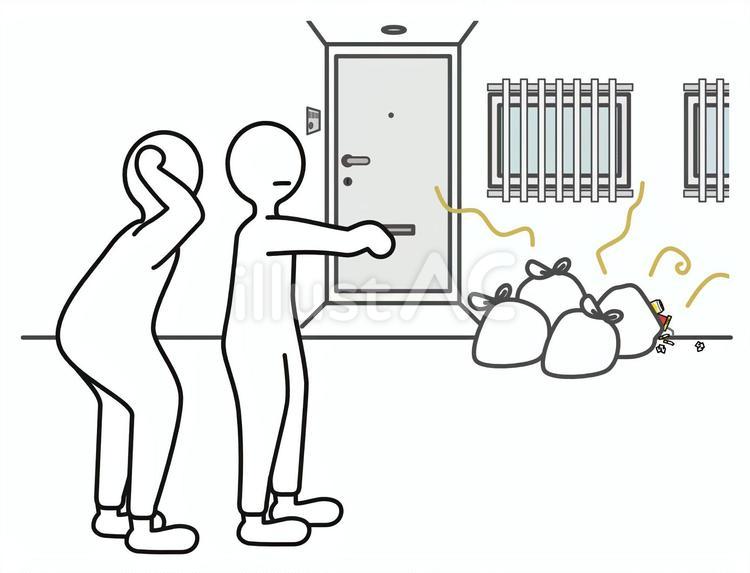ごみの捨て方を注意する管理組合役員 ゴミ,捨て方,玄関前のイラスト素材