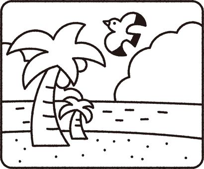 ヤシの木と海とかもめのイラストモノクロ ヤシの木,海,入道雲,夏,かもめ,リゾート,無人島,バカンス,挿絵,かわいいのイラスト素材
