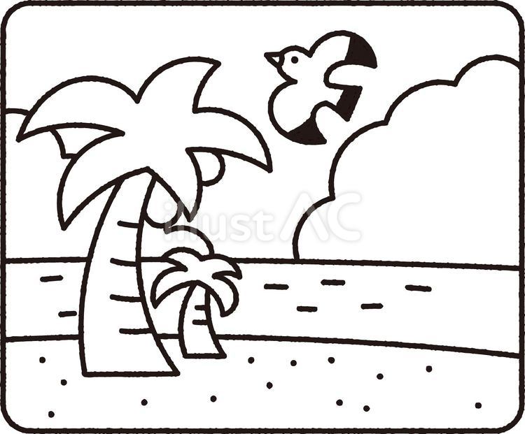 ヤシの木と海とかもめのイラストモノクロ ヤシの木,海,入道雲のイラスト素材