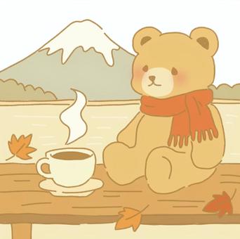 富士山とコーヒーと秋の熊 富士山,自然,景色,湖,水面,ベンチ,テーブル,台,木製,紅葉のイラスト素材