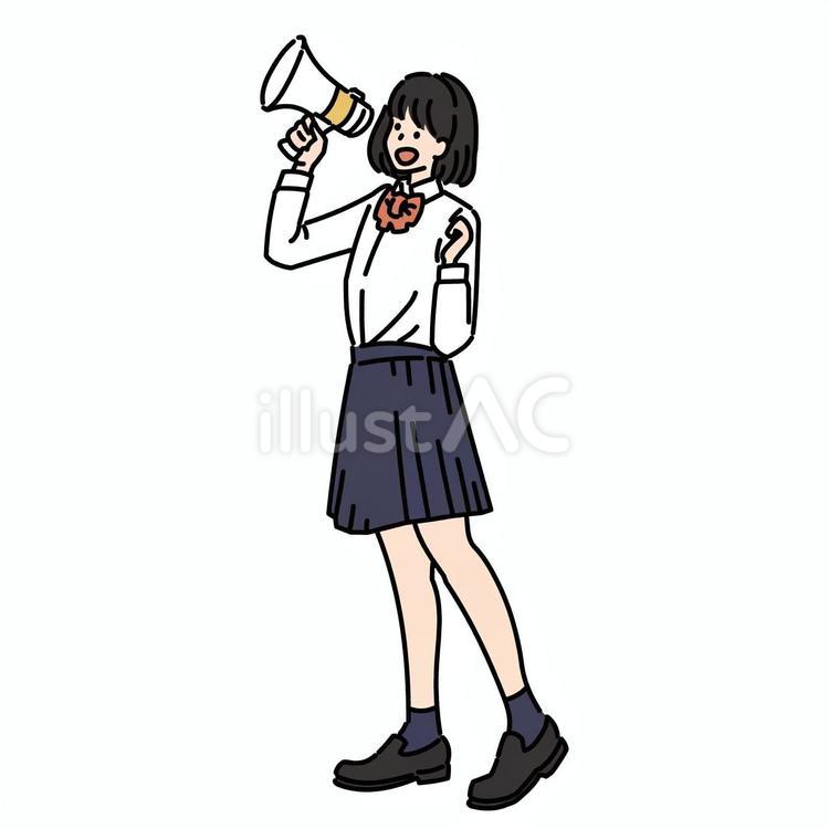 笑顔でメガホンを使う女子生徒 女性,メガホン,学生服のイラスト素材