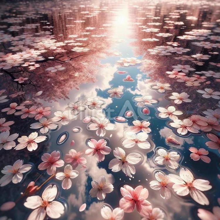 水に浮かぶ桜 桜,ソメイヨシノ,桜吹雪のイラスト素材