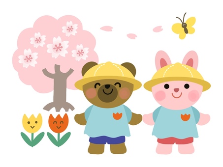 Spring kindergarten (rabbit and bear), rabbit, bear, cherry blossoms, JPG and PNG