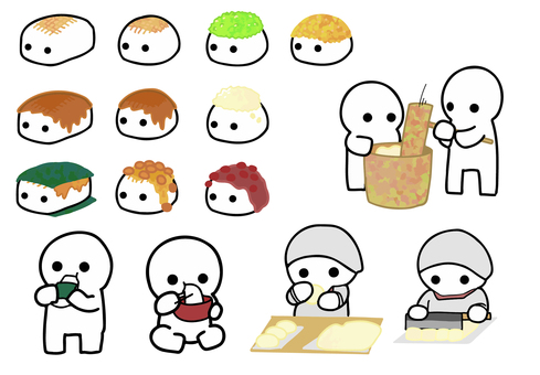 餅のキャラと餅を作り食べるオリキャラ オリキャラ,食べ物,日本,餅,角餅,丸餅,醤油,砂糖醤油,磯部焼き,海苔のイラスト素材