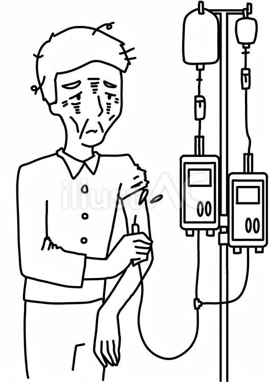 点滴自己抜去痩せたおじいさん　線画 点滴,自己抜去,高齢者のイラスト素材