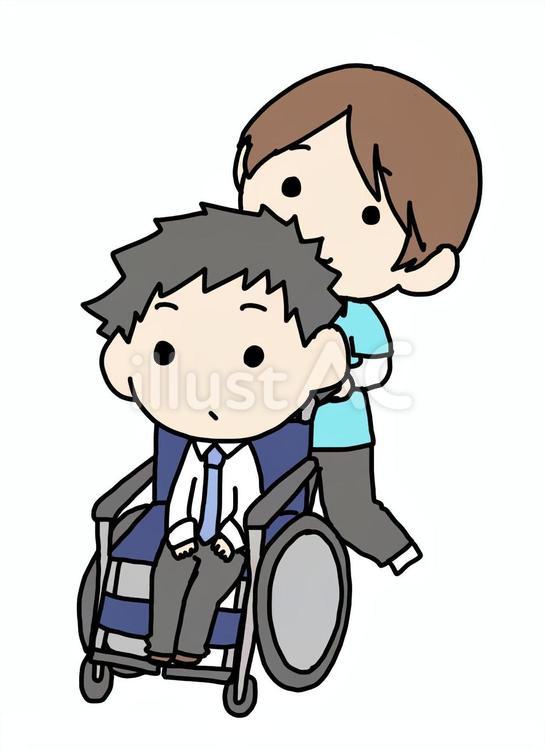 車いすを押される男性 仕事,男性,全身のイラスト素材