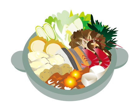 冬の味覚・鍋料理・みんなで寄せ鍋 鍋料理,寄せ鍋,魚,牡蠣,つくね,エビ,海鮮,豚肉,鶏肉,白菜のイラスト素材