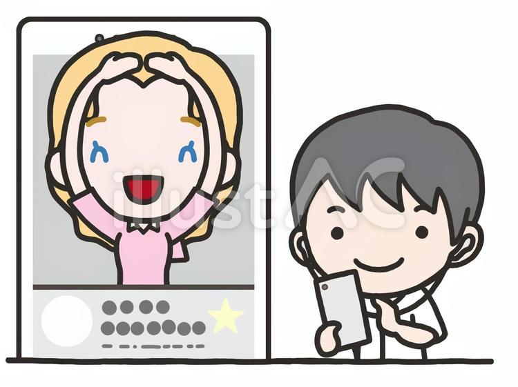スマホで英会話の上達する男性と女性教師 男性,手書き,手描きのイラスト素材