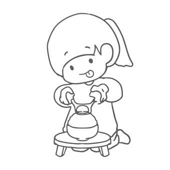 たまごかけごはんを作る女の子（線画）