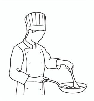 フライパンを持ったシェフの線画イラスト シェフ,コック,人物,仕事,料理,グルメ,職種,料理人,料理長,調理のイラスト素材