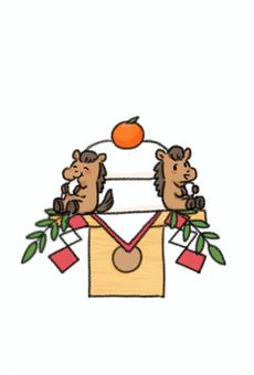 午年年賀状・鏡餅と馬