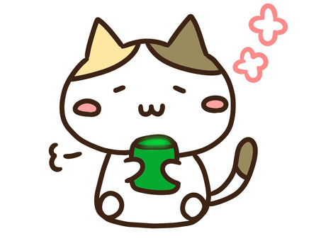 お茶を飲んでリラックスするかわいい三毛猫 お茶,飲む,リラックス,ねこ,まったり,湯呑,飲み物,休憩,時間,ひと息のイラスト素材