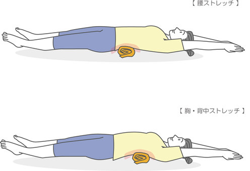 胸・背中・腰＿タオルストレッチ  胸,背中,腰,ストレッチ,大胸筋,腰痛改善,タオル,体操,運動,エクササイズのイラスト素材