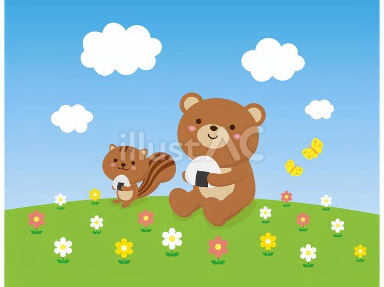 くま　りすイラスト1 くま,りす,花のイラスト素材