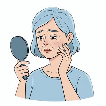 Person looking in a hand mirror, old women, smear, t-shirt, JPG and PNG