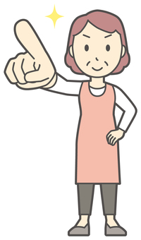  エプロンおばちゃん-088-全身 指差す,おばちゃん,エプロン,お母さん,ママ,中年,おばさん,主婦,人物,かわいいのイラスト素材