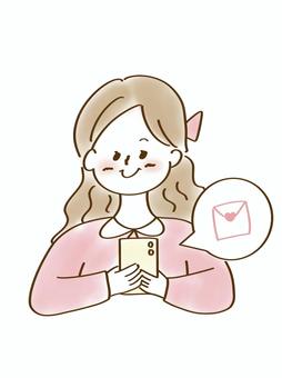 好きな人から連絡がきた女の子 女の子,人物,ゆるい,手書き,挿絵,スマホ,連絡,メッセージ,メール,受信のイラスト素材
