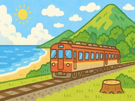 絵本の背景 海岸沿いを走る電車