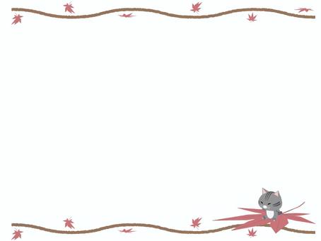 紅葉に乗るさばとら猫（フレーム） 紅葉,猫,さばとら,動物,かわいい,秋,植物,フレームのイラスト素材