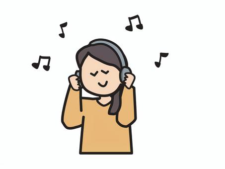 音楽を聴く女性のイラスト 音楽,リラックス,女性,若者,癒し,趣味,bgm,音符,ヘッドホン,白バックのイラスト素材