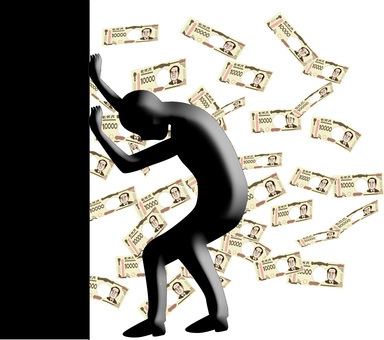 お金トラブル  お金トラブル  お金,大金,散らばる,トラブル,絶望,壁,落ち込む,シルエット,人のイラスト素材