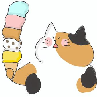 アイスを食べる三毛猫ちゃん♪ アイスを食べる三毛猫ちゃん♪ かわいい,アイス,アイスクリーム,冷たい,食べる,たべもの,おやつ,スイーツ,デザート,おいしいのイラスト素材