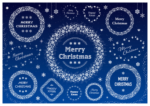 雪の結晶のクリスマスフレームセット クリスマス,メリークリスマス,12月,冬,雪,結晶,リース,星,ハート,宝石のイラスト素材