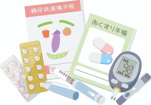糖尿病治療のイメージ 糖尿病連携手帳,治療記録,おくすり手帳,服用履歴,血糖値測定器,薬,錠剤,飲み薬,インシュリン注射,インスリンのイラスト素材