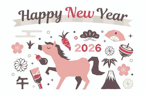 年賀状2026_馬と和飾り_おしゃれ_1 年賀状,馬,おしゃれ,かわいい,和風,2026年,2026,午,午年,テンプレートのイラスト素材