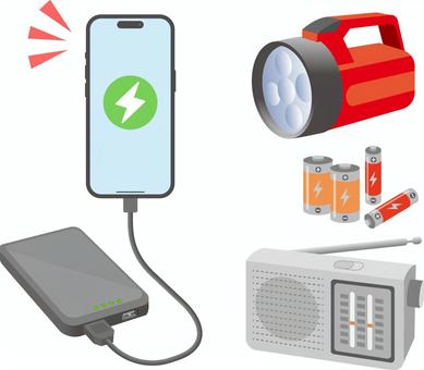 停電時に備える防災用品のイラスト 停電,防災,防災用品,災害対策,懐中電灯,乾電池,モバイルバッテリー,スマートフォン,スマホ,充電のイラスト素材