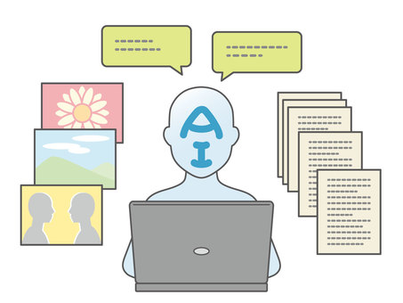 パソコンを使うAIイメージと文書や画像 ai,人工知能,イメージ,ai化,人,人型,事務,仕事,作業,文書のイラスト素材