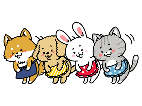 エプロンを付けてお辞儀をする動物たち エプロン,お辞儀,おはよう,こんにちは,こんばんは,さようなら,ぺこり,お礼,マナー,会釈のイラスト素材