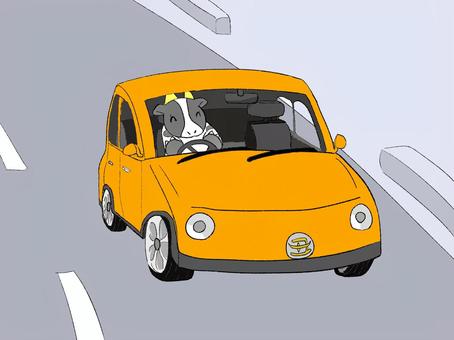牛と黄色の自動車 牛と黄色の自動車
