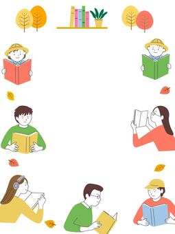 読書の秋背景フレーム 読書,秋,本,人,子供,幼児,男性,紅葉,背景,女性のイラスト素材