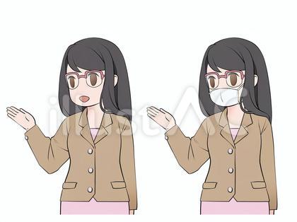 説明する、案内する、紹介する眼鏡の女性
