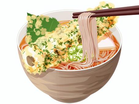 ちくわの磯辺揚げそば（箸上げ） そば,磯辺揚げ,ちくわ,麺類,料理,食べ物,和食,ネギ,かまぼこ,大葉のイラスト素材