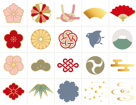 祝い素材・和風飾りセット 和風,和柄,年賀状,正月,アイコン,セット,祝い,金,赤,文様のイラスト素材