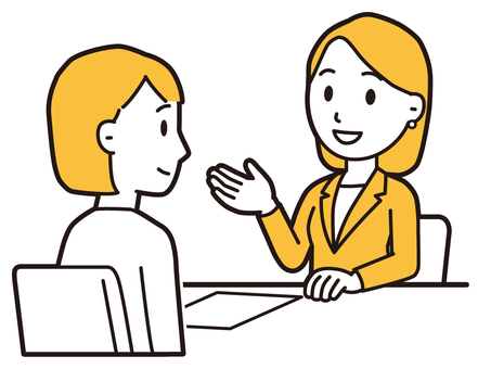  相談(黄)-010-全身 相談,会社員,女性,説明,話す,スーツ,ビジネス,従業員,スタッフ,働くのイラスト素材