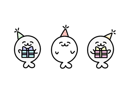 お祝いアザラシ(カラーバージョン) アザラシ,仲良し,仲間,パーティー,お祝い,クリスマス,誕生日,プレゼント,プレゼント交換,友達のイラスト素材