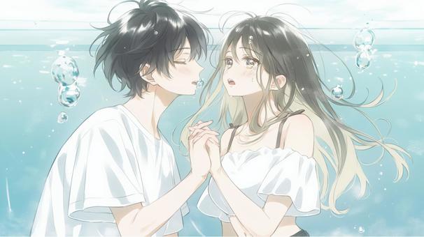 「泡の中で心を通わせる二人」