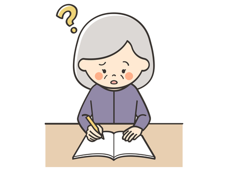 わからない問題があるおばあさん 勉強,学習,学ぶ,悩む,困る,考える,わからない,解けない,難しい,疑問のイラスト素材