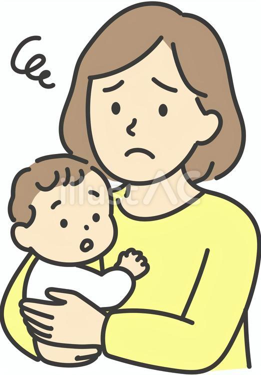 悩む困る　赤ちゃんを抱っこするお母さん 悩む,困る,困ったのイラスト素材