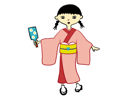 着物を着た女の子 着物,女の子,羽子板,三つ編み,和風,人物,冬,お正月,イラスト,素材のイラスト素材