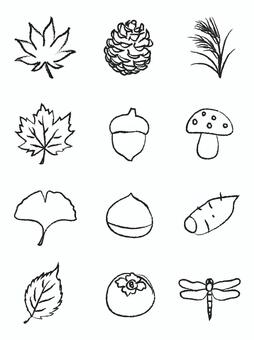 秋の素材セット（モノクロ） 秋,セット,線画,モノクロ,えんぴつ画,クレヨン,手書き,手描き,かわいい,シンプルのイラスト素材