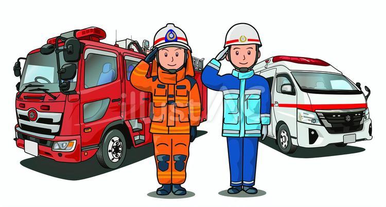 敬礼する隊員と消防車と救急車 消防署,消防車,救急車のイラスト素材