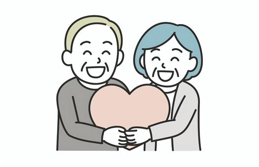 ハートを持つ笑顔の夫婦 シニア,高齢者,夫婦,笑顔,ハート,愛,絆,感謝,幸せ,仲良しのイラスト素材