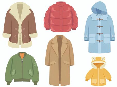 冬のコートやジャケットいろいろ コート,ジャケット,冬,服,ファッション,カジュアル,ダウンジャケット,ダッフルコート,チェスターコート,フライトジャケットのイラスト素材