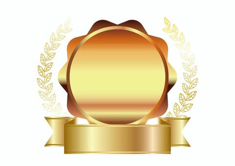 金リボンとメダルと金の月桂冠2025⓷ 月桂冠,リボン,枠,アワード,タイトル,帯,あしらい,金色,植物,葉のイラスト素材