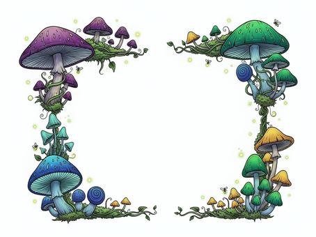 カラフルなキノコのフレームイラスト